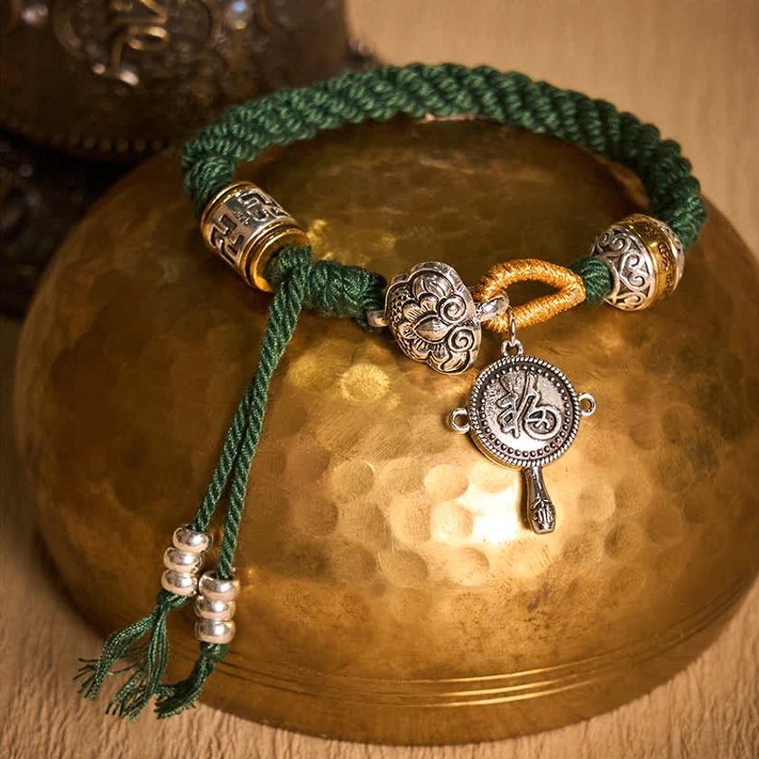Green Buddhist String Bracelet Full View with Woven Rope