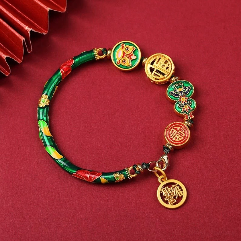 Green enamel copper lion gourd prosperity bracelet with cloud and fu fortune gold pendant hanging charm