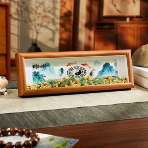 Green crystal bagua koi fish yin yang photo frame ornament with wooden frame and golden ingot decor - style 1 front view