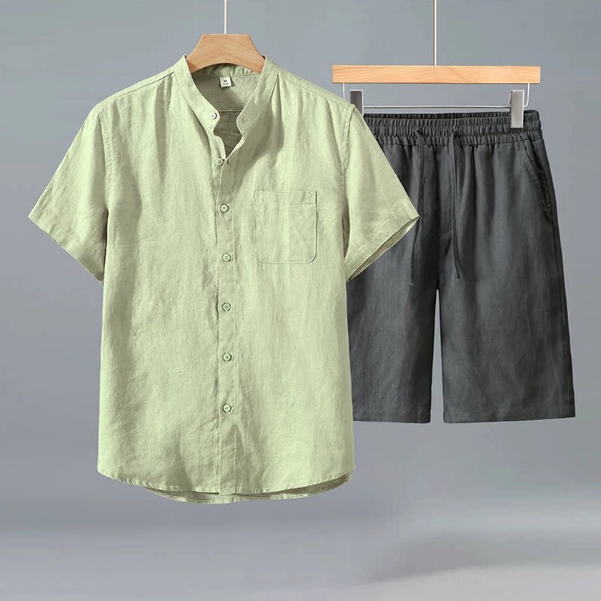 Men's sage green linen shirt with gray shorts meditation set - two-tone Buddhist-inspired loungewear for mindfulness