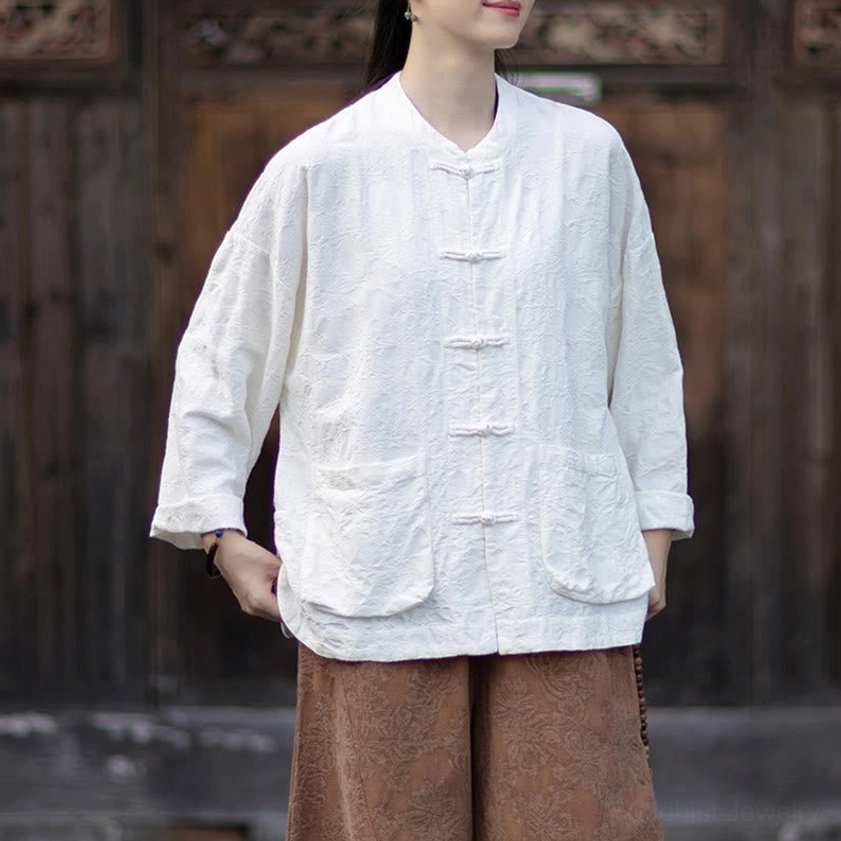 Green jacquard women's zen shirt detail showing weave texture and natural cotton-linen blend