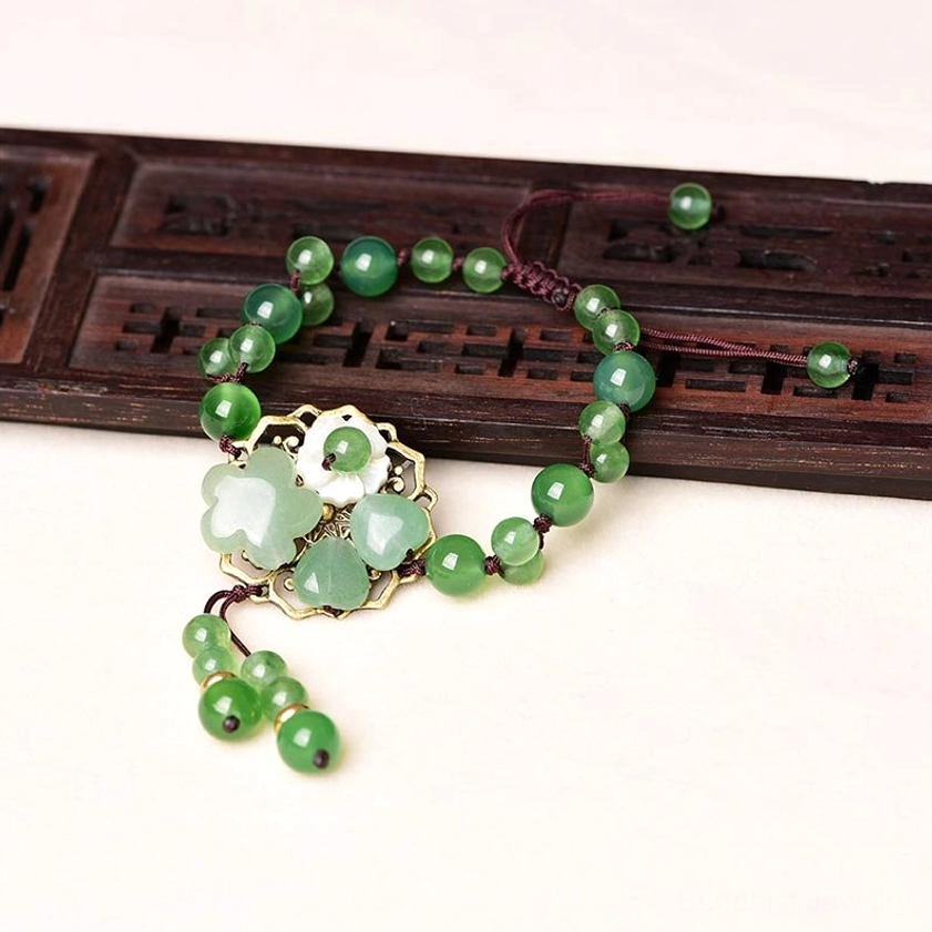 Handcrafted green jade flower bracelet gift packaging and presentation for spiritual wellness gift