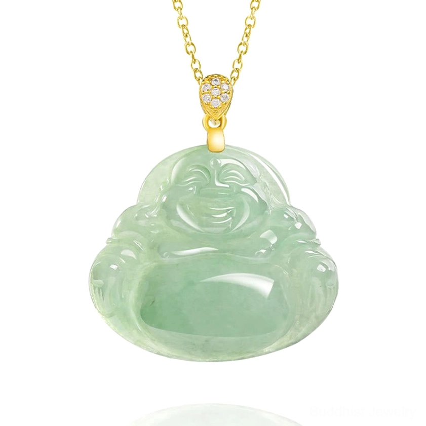 Natural jade laughing buddha pendant full front view with detailed CZ decorated gold bail