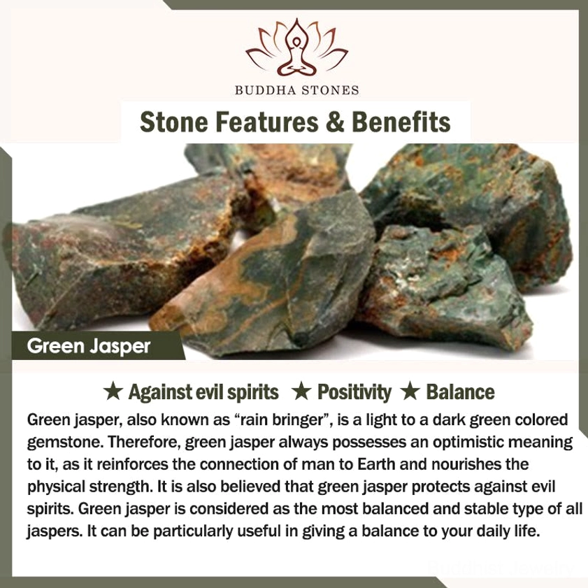 Green jasper stone benefits guide showing properties of balance spiritual protection and earth connection displayed with green jasper gems