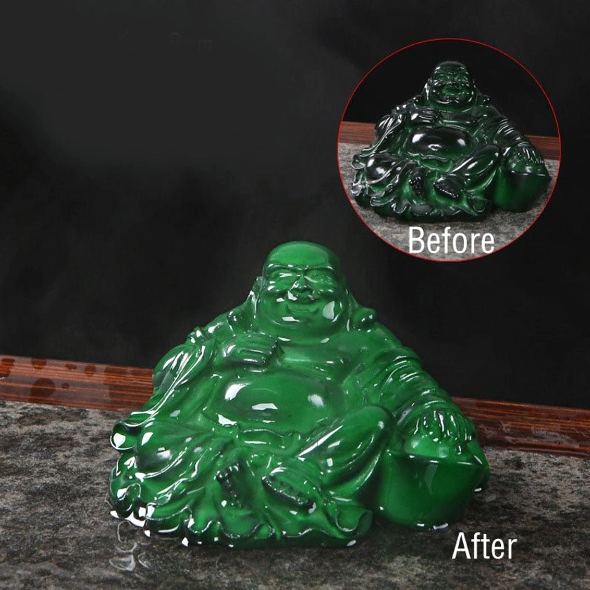 Green laughing Buddha handmade tea pet representing harmony, balance, and healing energy in Buddhist philosophy