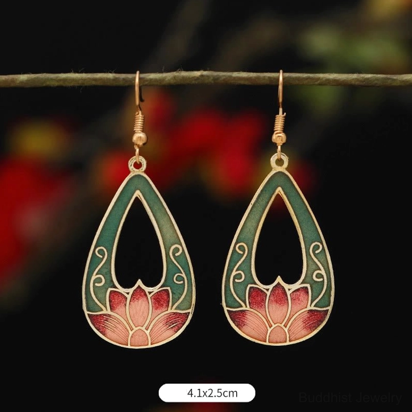 Green base lotus teardrop enamel drop earrings size 4.1x2.5cm with hollow design and gold trim