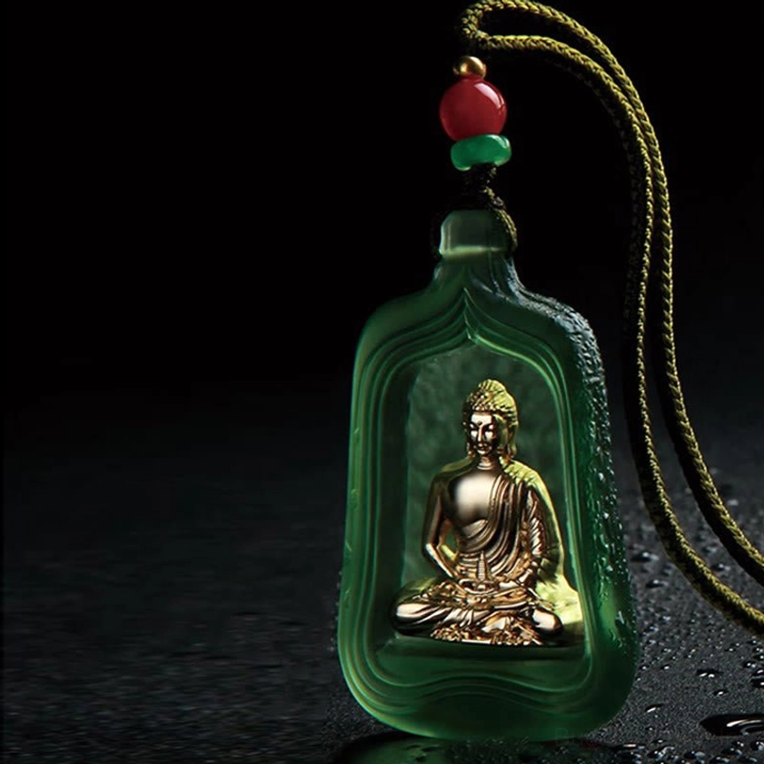 Green Medicine Buddha pendant with gold seated Buddha inside frosted green Liuli crystal glass - front view