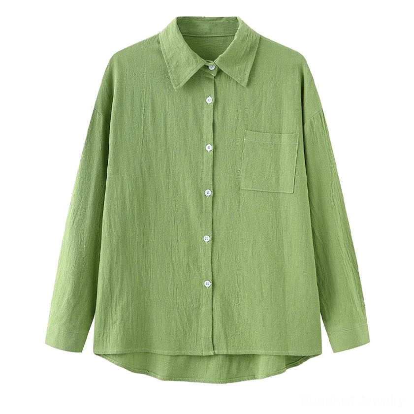 Green long-sleeve meditation shirt with collar and chest pocket front view on white background