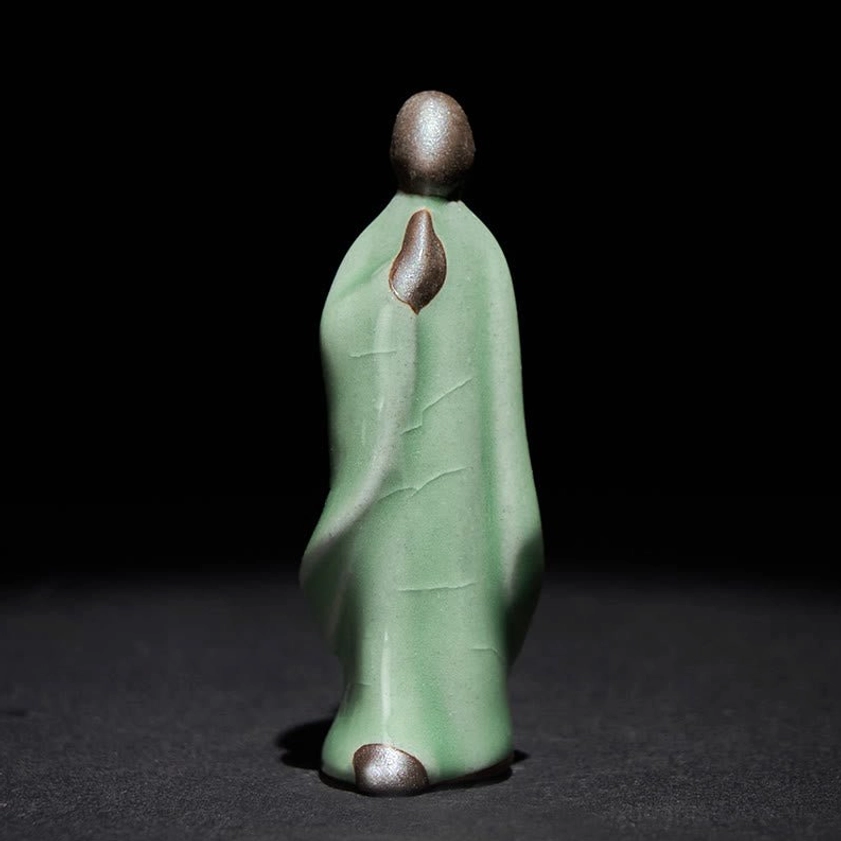 Green meditation monk ceramic statue compact handcrafted spiritual practice