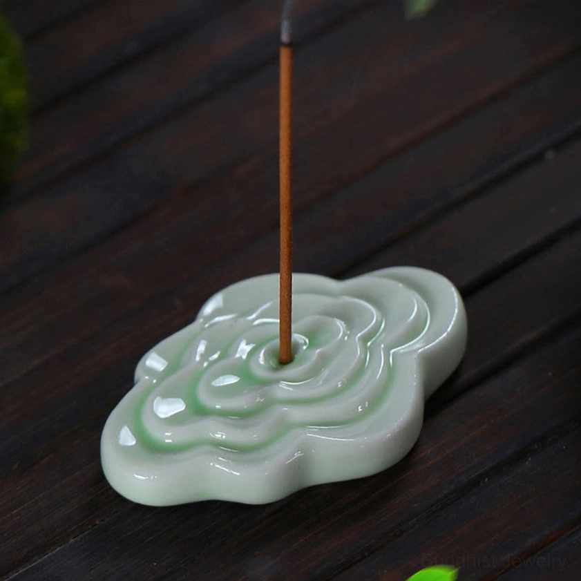 Celadon green ceramic cloud incense burner in rectangular size showing 6x4cm dimensions, embossed cloud motif, and natural glazed surface