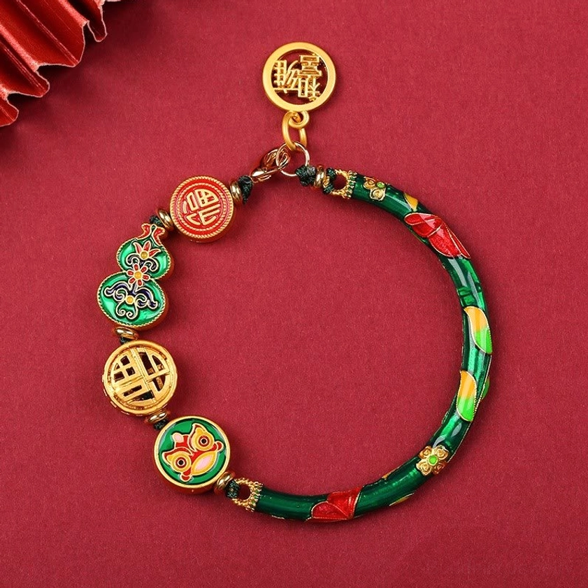 Green and red enamel copper lion gourd prosperity bracelet with cloud and fortune gold pendant charms