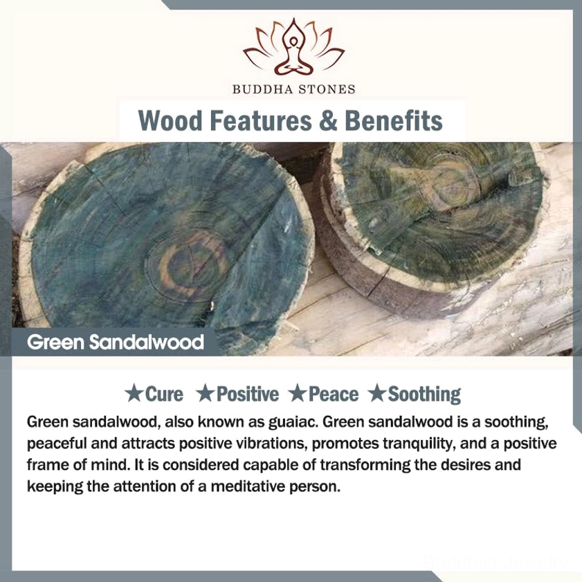 Green sandalwood wooden beads and natural wood grain texture close-up on wooden surface