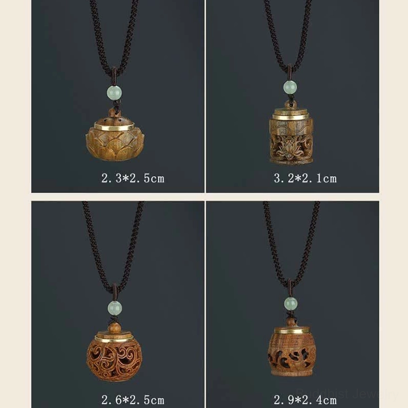 Green sandalwood Buddhist prayer wheel pendant necklace with multiple carved design variations for meditation and spiritual practice
