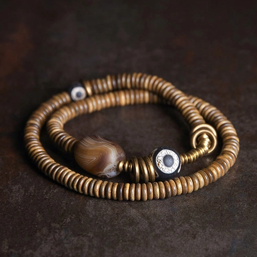 Green sandalwood brass dzi bead black onyx double wrap bracelet all sizes variants