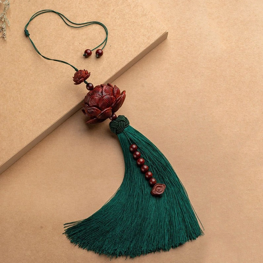 Green sandalwood lotus tassel car hanging decoration with natural wood beads and dark braided knot