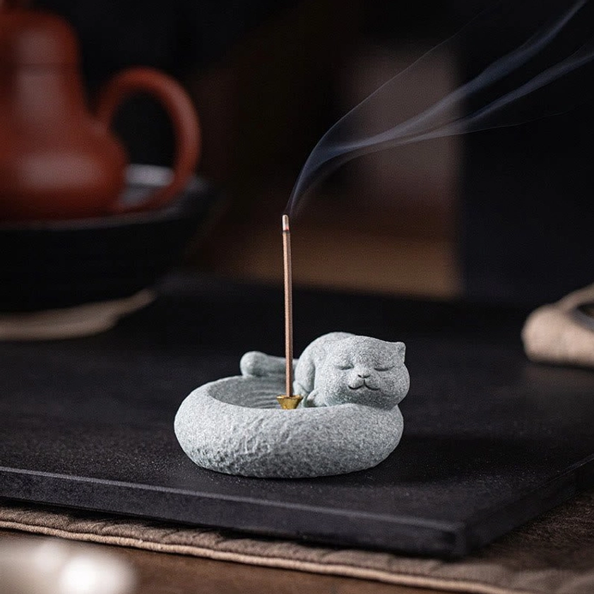 Green sandstone cat incense holder natural material handcrafted finish