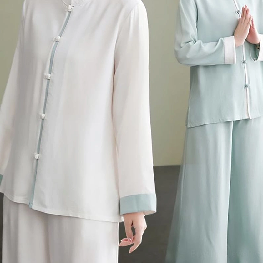 Green tai chi meditation uniform on model, real-life wear demonstration for women