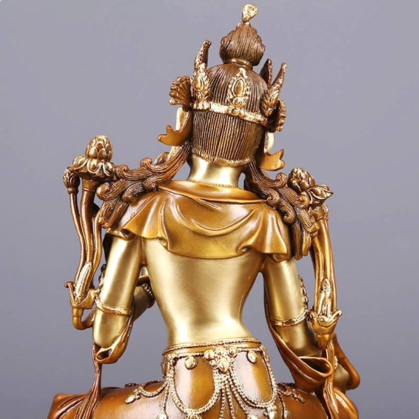 Green Tara rear upper body close-up - intricate back ornaments, hair crown detail, and shoulder accessories