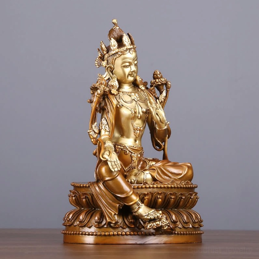 Green Tara Bodhisattva statue left three-quarter side angle - detailed ritual jewelry and carved lotus seat