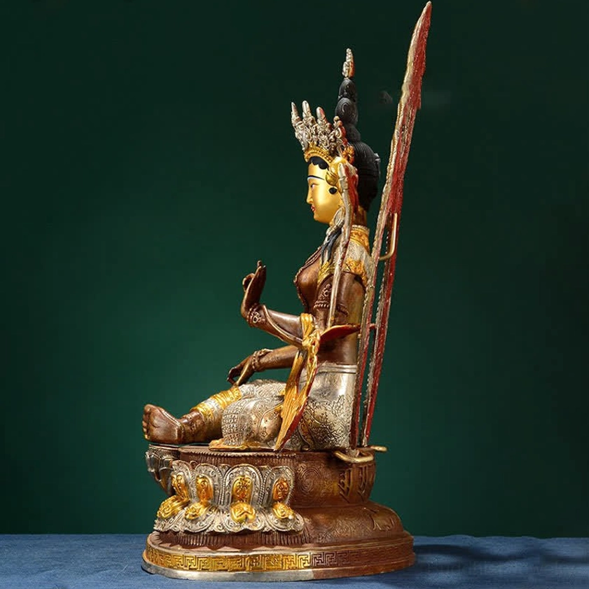 Green Tara Bodhisattva statue right side view with seated pose and decorative ritual adornments