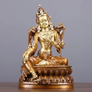 Green Tara brass statue front view - handcrafted Buddhist Bodhisattva figurine with ornate lotus throne and two-tone bronze finish