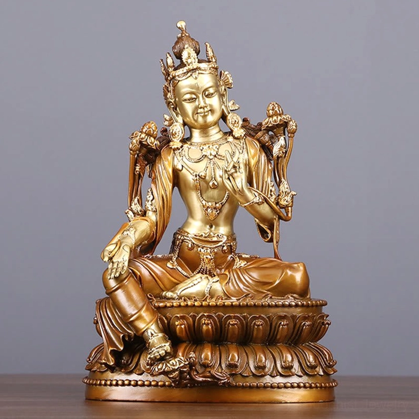 Green Tara brass statue front view - handcrafted Buddhist Bodhisattva figurine with ornate lotus throne and two-tone bronze finish