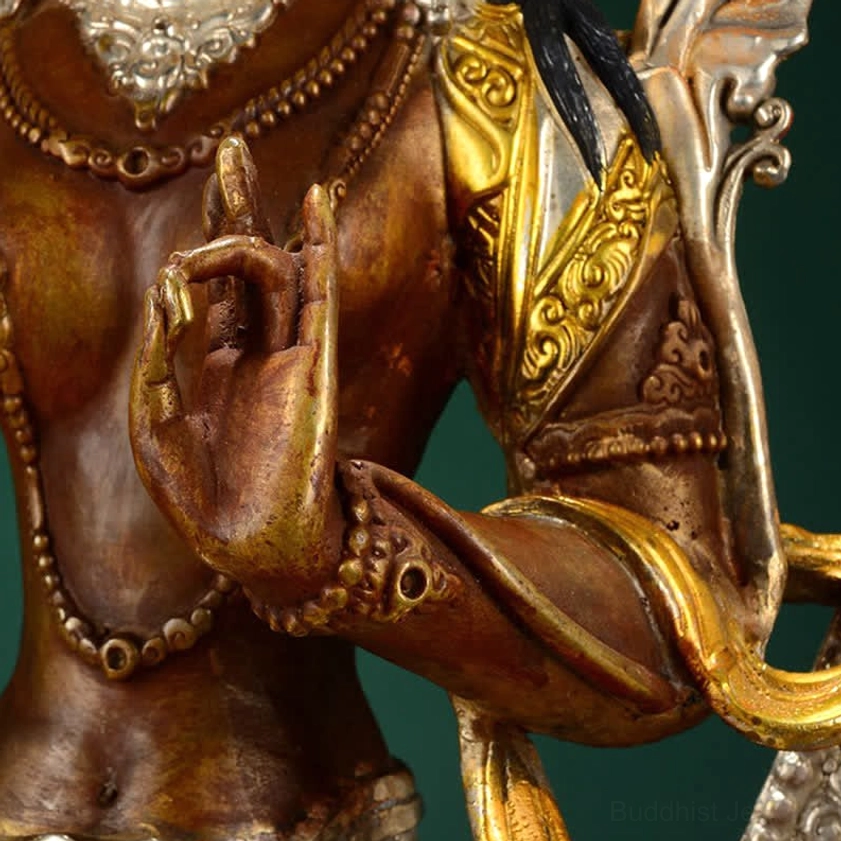 Green Tara compassion Buddha statue complete with hand-painted facial features and precious metal finish
