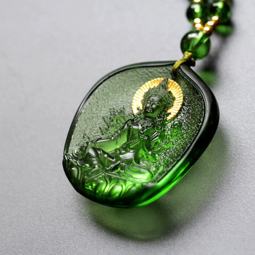 Green Tara Buddha liuli crystal pendant 3D view highlighting translucent green crystal carved relief with gold-plated halo