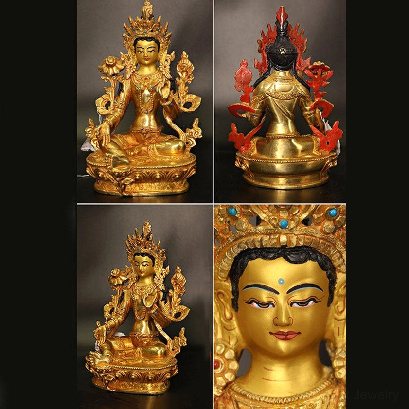 Green Tara Buddha statue multi-angle display showing front, side, and detailed facial features