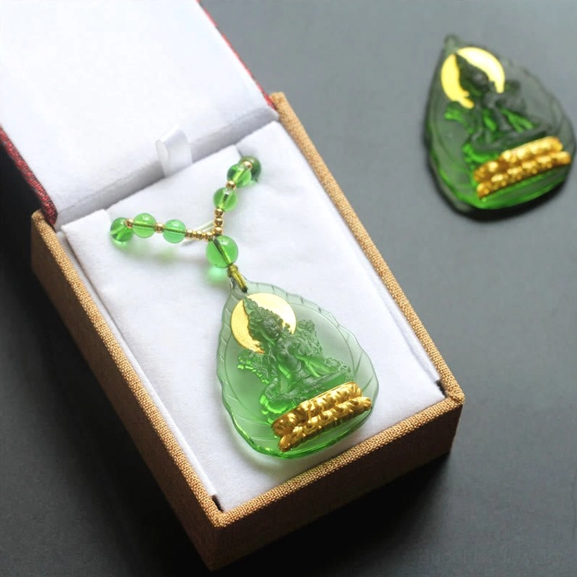 Green Tara Buddha necklace in premium linen gift box with white inner lining, perfect for gifting