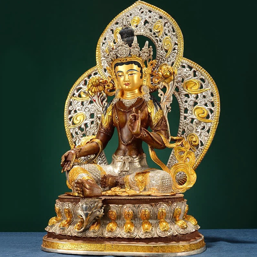Green Tara compassion Buddha statue angled front view showcasing detailed carved features and statue proportions