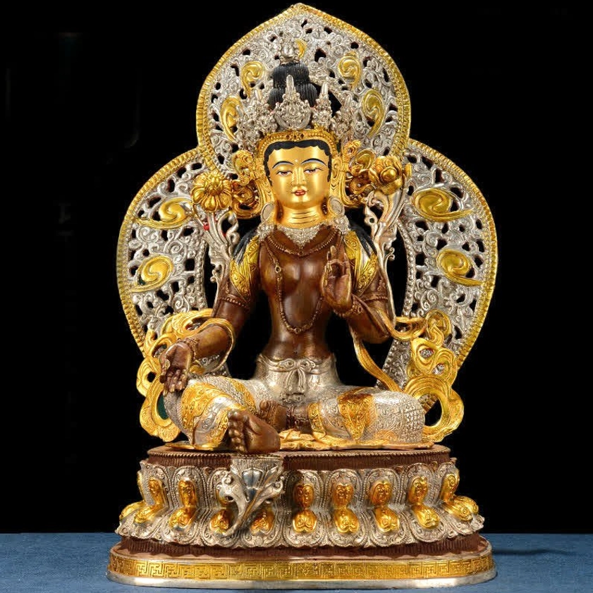 Green Tara Buddhist deity statue full frontal view with complete backplate and classic lotus seating position