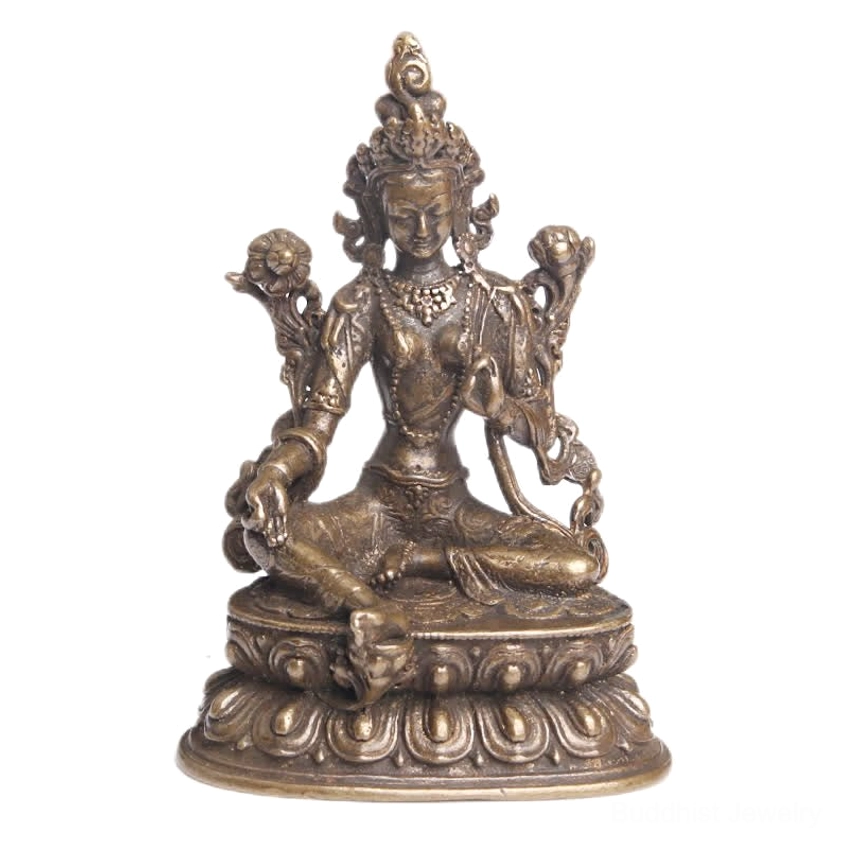 Green Tara Buddha statue isolated on white background showing full antique bronze finish and complete details