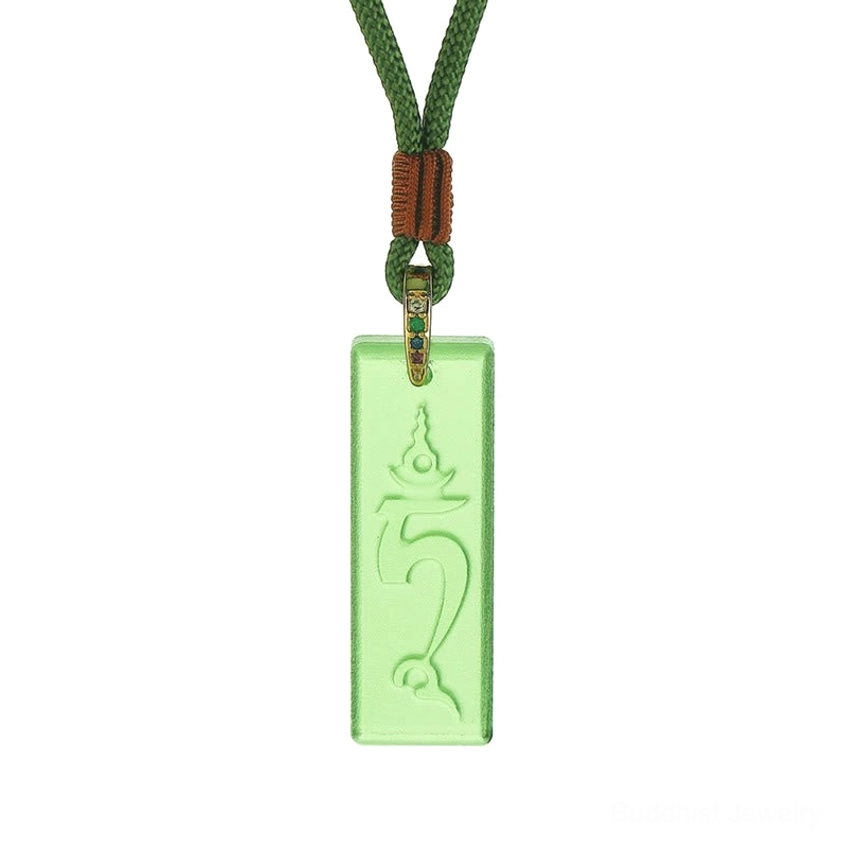 Green Tara Buddhist necklace pendant front view on white background with woven green cord