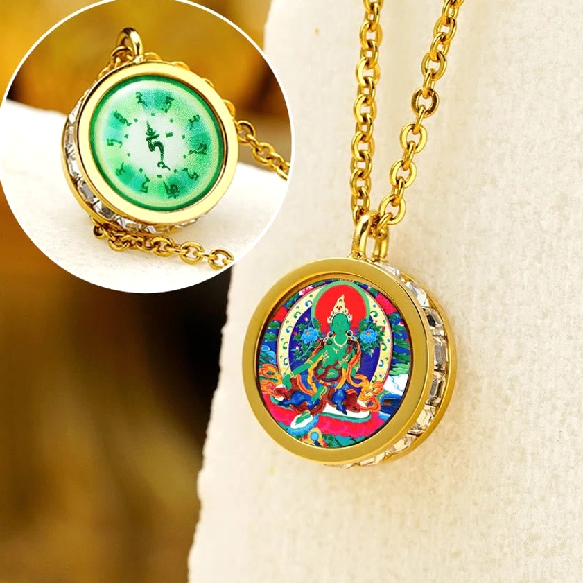 Green Tara Buddhist pendant necklace - compassion deity with Om Mani Padme Hum on reverse