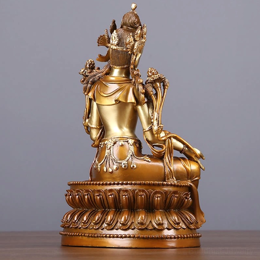 Green Tara Buddhist Bodhisattva complete statue - full ritual ornaments and ceremonial jewelry detail