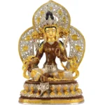 Green Tara handcrafted copper Buddha statue frontal view with tri-color gilt finish and ornate carved aureole on lotus pedestal
