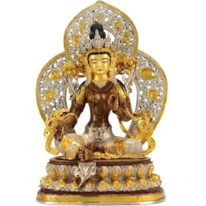 Green Tara handcrafted copper Buddha statue frontal view with tri-color gilt finish and ornate carved aureole on lotus pedestal