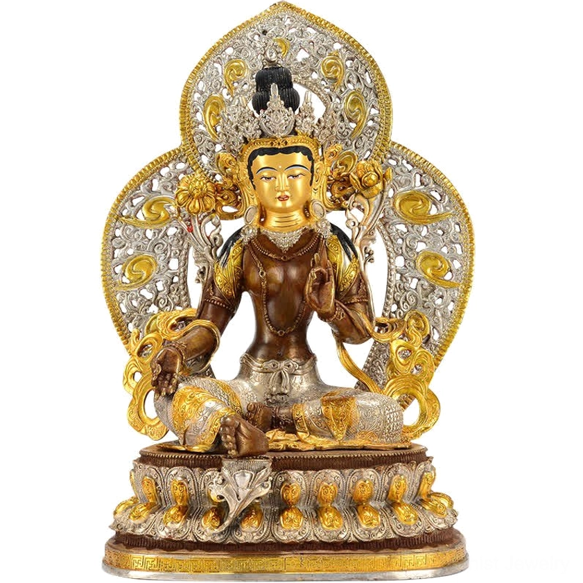 Green Tara handcrafted copper Buddha statue frontal view with tri-color gilt finish and ornate carved aureole on lotus pedestal