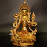 Green Tara gilt copper Buddha statue front view with turquoise inlay and gold plating