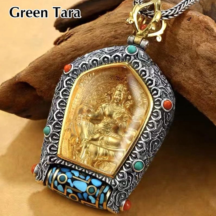 Green Tara Goddess Natal Buddha pendant showing compassion and protection, handcrafted with turquoise accents and cloud frame