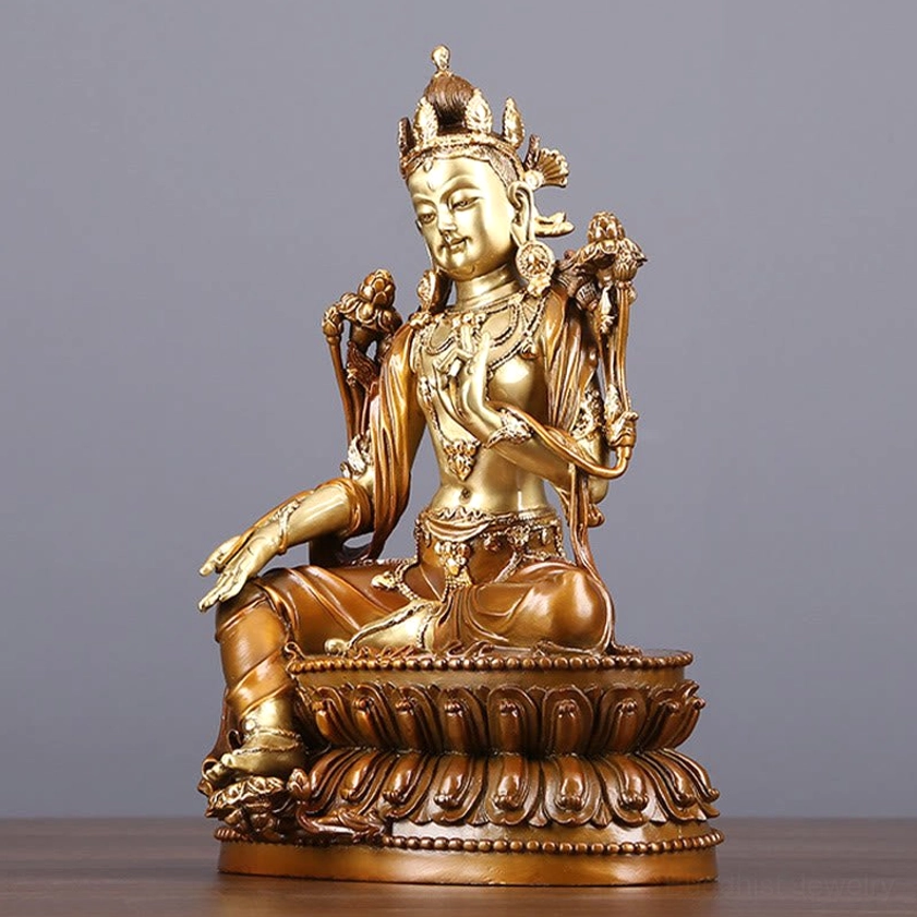 Green Tara brass Bodhisattva left three-quarter front angle - ornate crown and lotus base detail