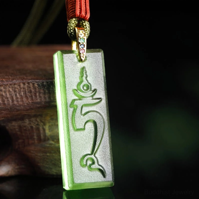 Green Tara Liuli crystal Buddhist pendant necklace with Sanskrit carving and red braided cord