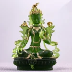 Green Tara Liuli crystal Buddha statue front view with gold decorative trims, translucent emerald green, intricate lotus pedestal and floral hand details