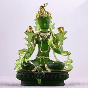 Green Tara Liuli crystal Buddha statue front view with gold decorative trims, translucent emerald green, intricate lotus pedestal and floral hand details
