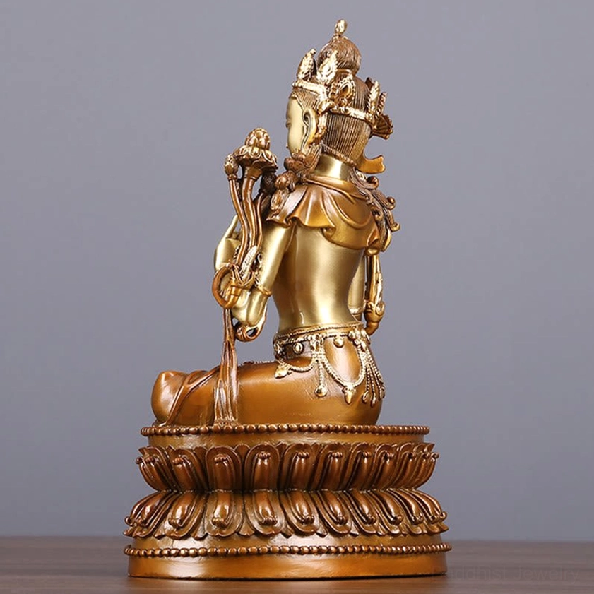 Green Tara Bodhisattva right three-quarter rear perspective - bronze texture and ornate waist adornments