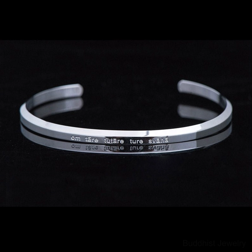 Green Tara engraved silver titanium steel cuff bracelet