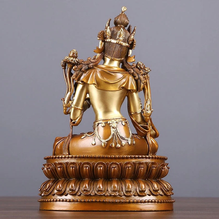 Green Tara Buddhist statue rear full view - intricate back decorations and layered lotus base