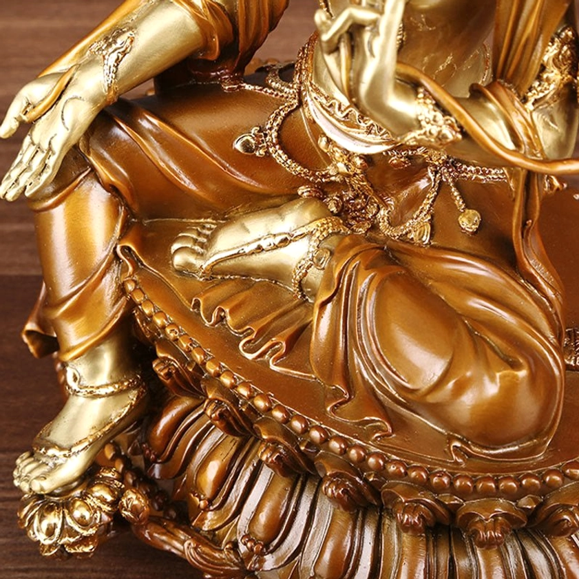 Green Tara handcrafted brass statue additional angle - authentic two-tone bronze patina and artisan craftsmanship