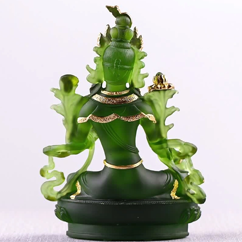 Green Tara Buddha statue with detailed hand-carved mudra gestures representing compassion and enlightened action